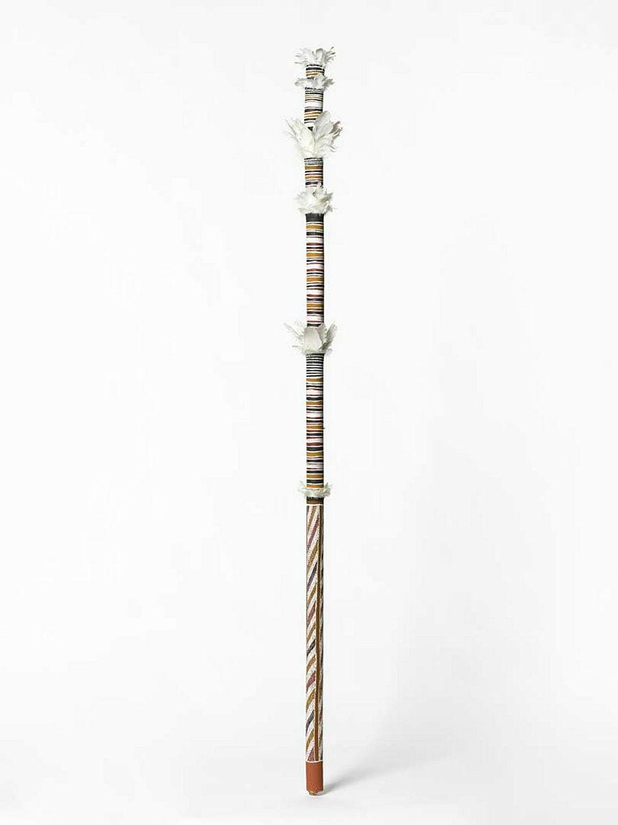 Artwork Banumbirr (Morning Star pole) this artwork made of Wood, cotton thread, feathers, natural pigments