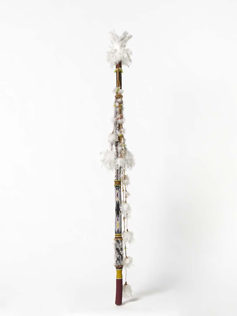 Artwork Banumbirr (Morning Star pole) this artwork made of Wood, bark fibre string, commercial feathers, feathers, synthetic polymer paint