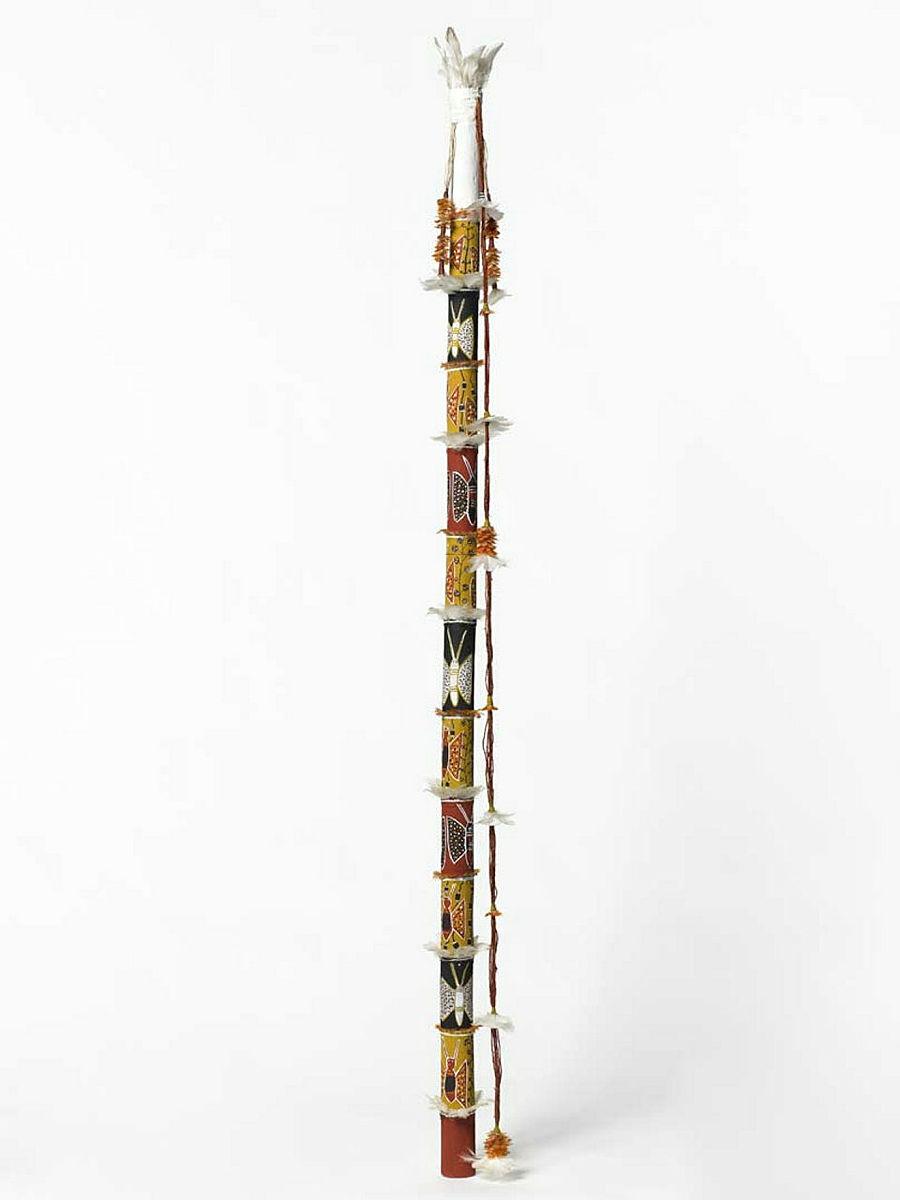 Artwork Banumbirr (Morning Star pole) this artwork made of Wood, bark fibre string, cotton thread, feathers, natural pigments, created in 1991-01-01