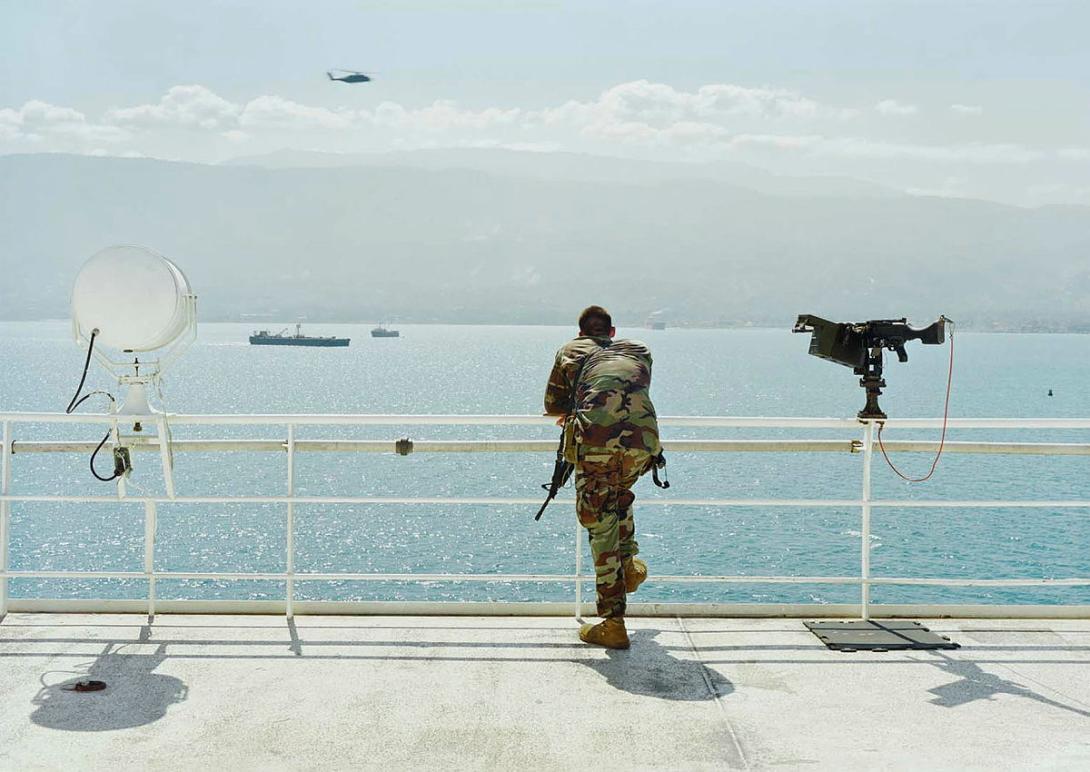 Artwork Ship Security, US Naval Hospital Ship Comfort, Haiti (from 'Events Ashore' series) this artwork made of Archival pigment inkjet print on 380gsm Harman Professional Inkjet paper mounted on sintra, created in 2010-01-01