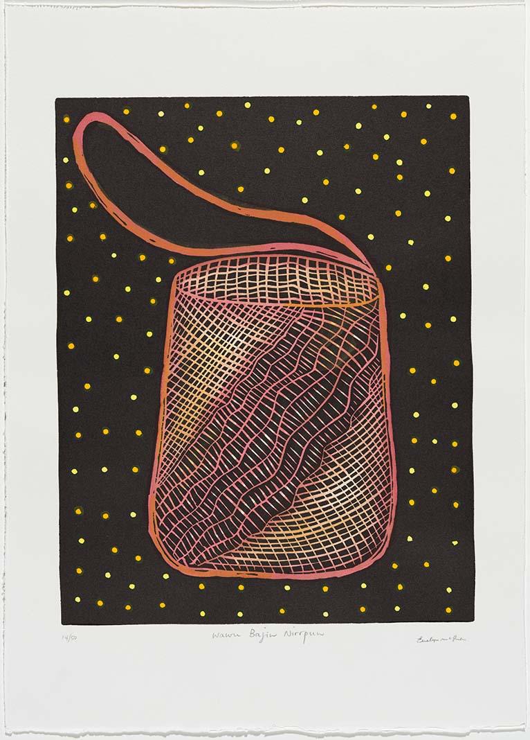 Artwork Wawu bajin nirrpun (Basket for collecting berries) (from 'Wawu bajin (Spirit baskets)' portfolio) this artwork made of Hand-coloured linocut on paper, created in 2010-01-01