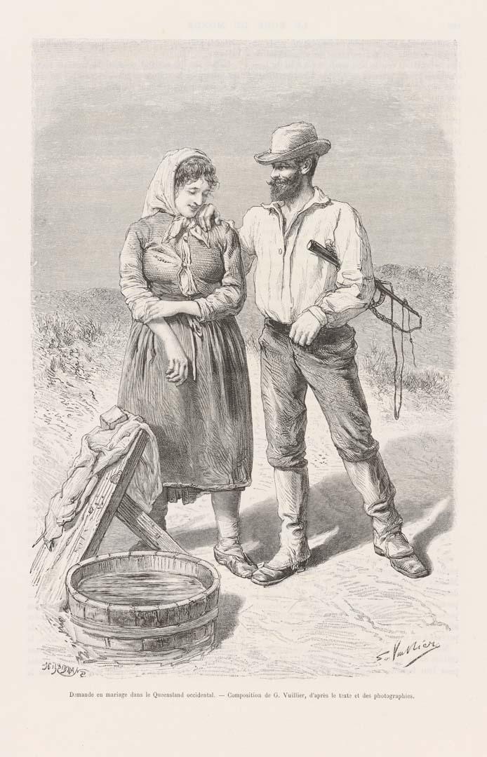 Artwork Demande en mariage dans le Queensland occidental (probably from 'Le Tour du monde' (French illustrated magazine)) this artwork made of Engraving on paper, created in 1890-01-01