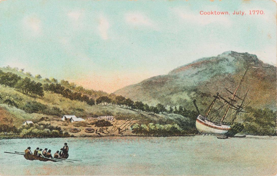 Artwork Cooktown, July, 1770 this artwork made of Postcard: Colour lithograph on paper, created in 1895-01-01