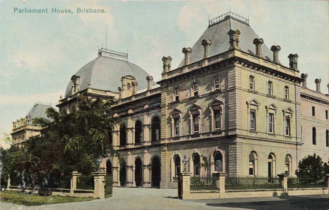 Artwork Parliament House, Brisbane (from 'Coloured Shell Series: Queensland Views') this artwork made of Postcard: Colour lithograph on paper, created in 1900-01-01