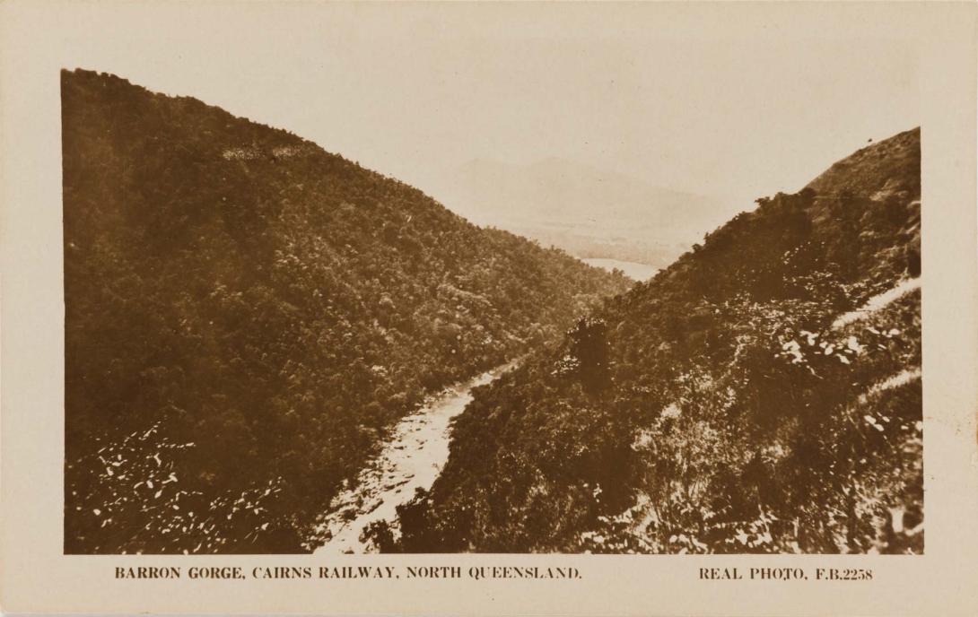 Artwork Barron Gorge, Cairns Railway, North Queensland (from 'Real Photo, F.B. 2258') this artwork made of Postcard: Black and white photograph on paper, created in 1905-01-01