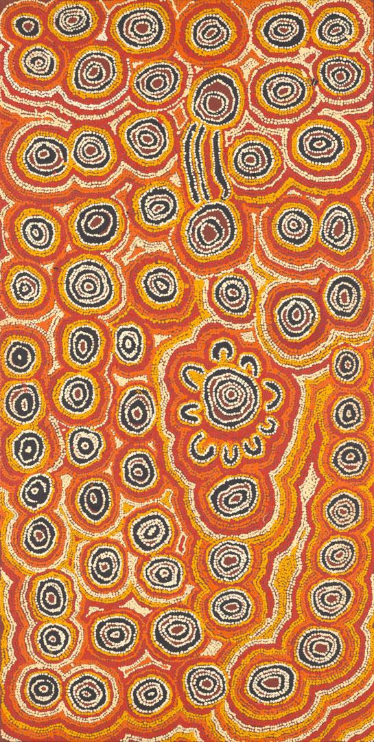 Artwork Untitled (Tjanpakulung) this artwork made of Synthetic polymer paint on Belgian linen, created in 2004-01-01