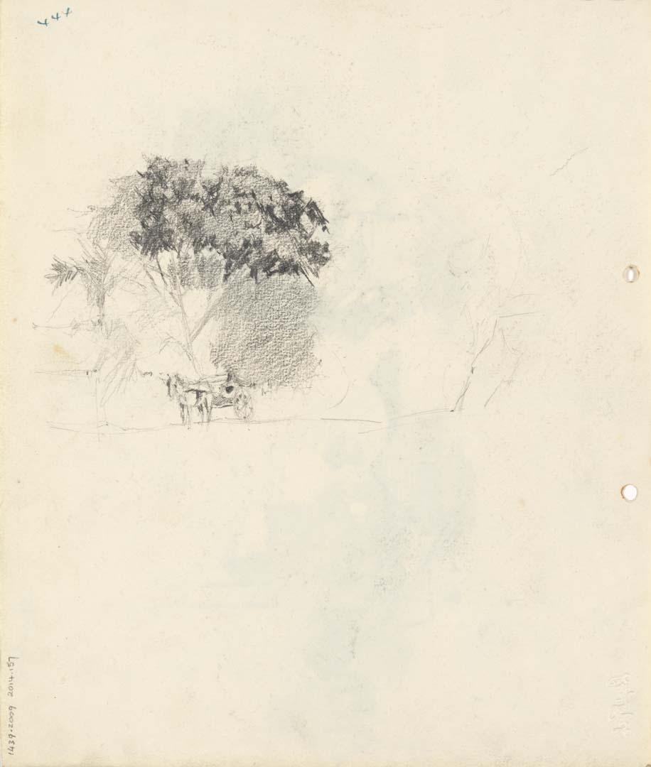 Artwork Horse and cart under a tree this artwork made of Pencil on sketch paper, created in 1914-01-01