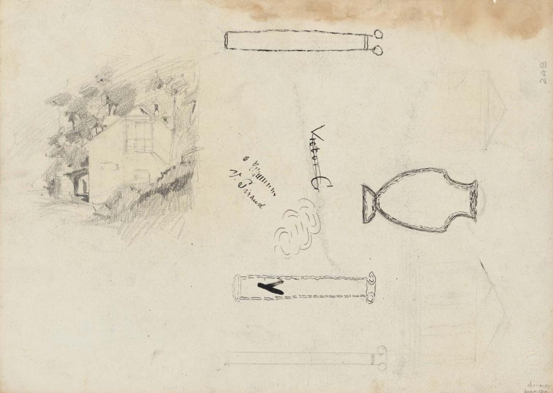 Artwork Cowlishaw’s stables; Pillars and vase this artwork made of Pencil on sketch paper, created in 1916-01-01