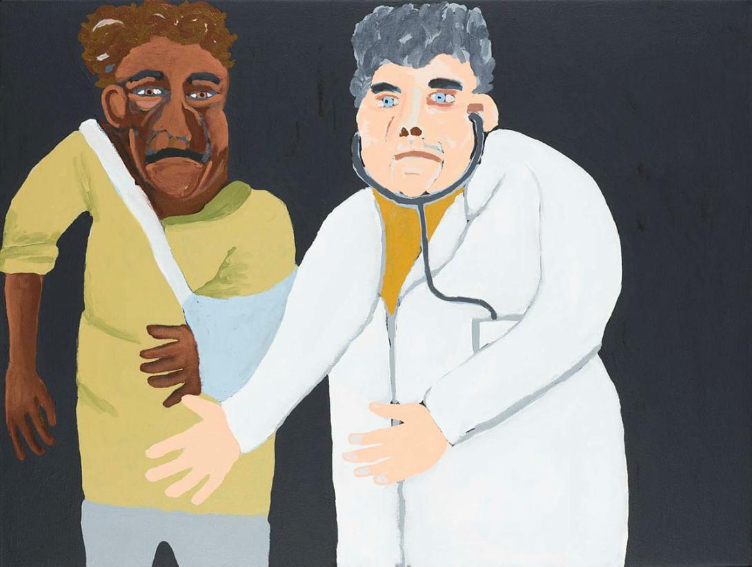 Artwork Albert Namatjira hurts his hand (from 'Albert's Story' series) this artwork made of Synthetic polymer paint on linen, created in 2014-01-01