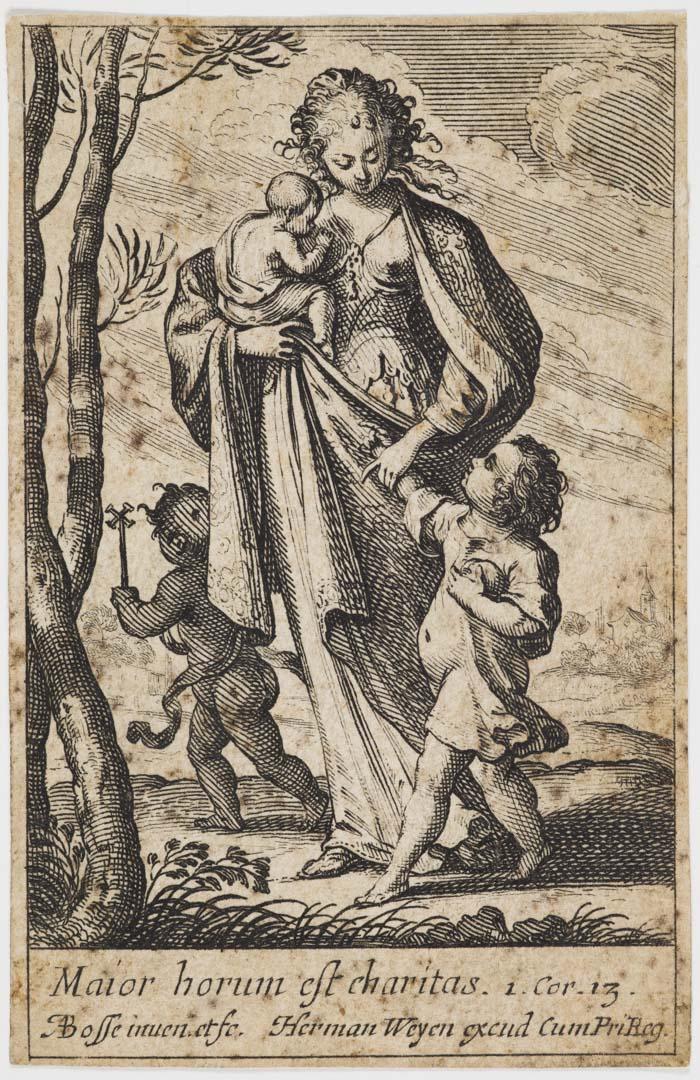 Artwork Charity (one of three images of 'Les Vertus': Faith, Hope and Charity) this artwork made of Engraving on paper, created in 1636-01-01