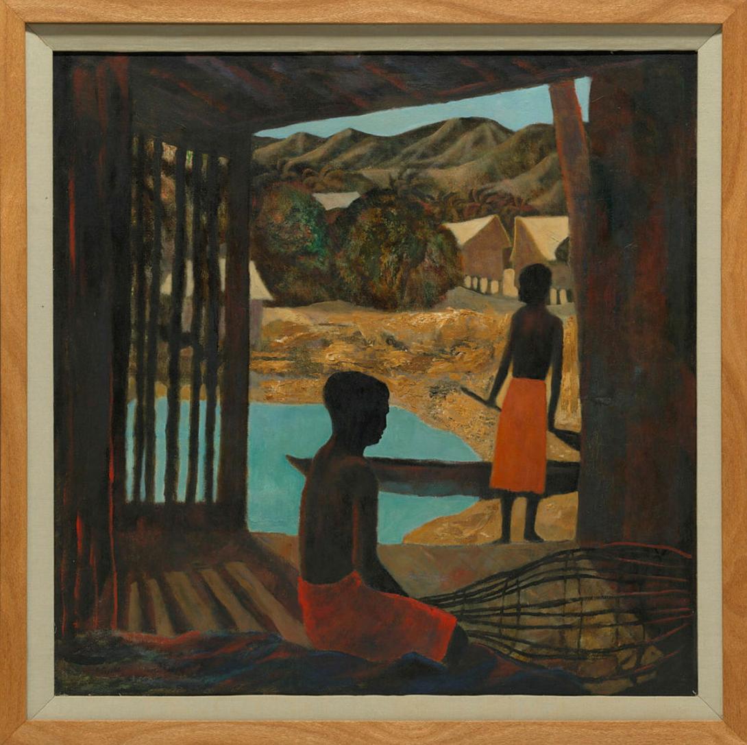 Artwork Mending net, Rabaul this artwork made of Oil on board, created in 1958-01-01