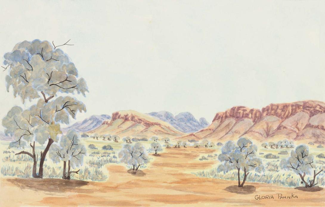 Artwork West MacDonnell Ranges this artwork made of Watercolour on paperboard, created in 2007-01-01