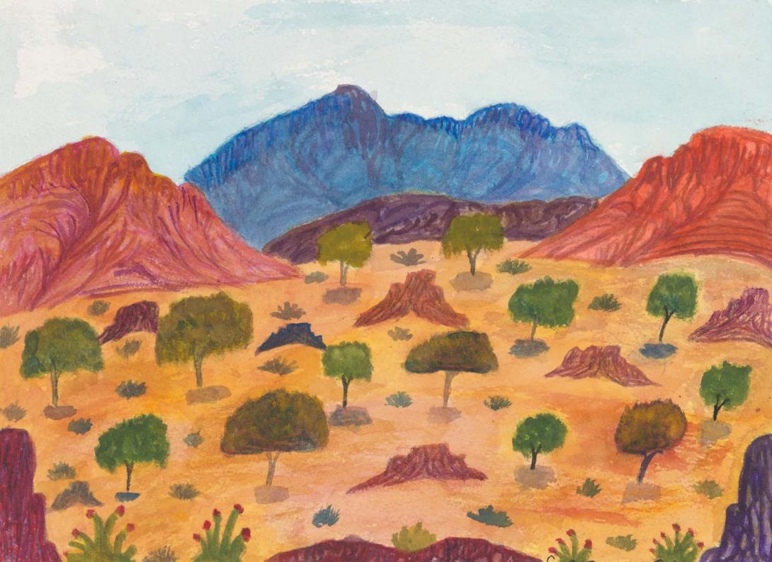 Artwork Glen Helen Way – Areyonga Ranges, west of Hermannsburg (Ntaria) this artwork made of Watercolour on paper, created in 2014-01-01