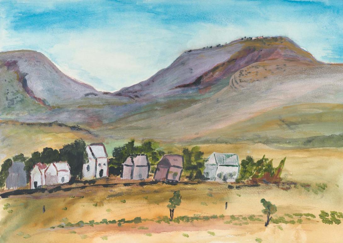 Artwork Finke River Mission and Mount Hermannsburg this artwork made of Watercolour with board backing, created in 2014-01-01