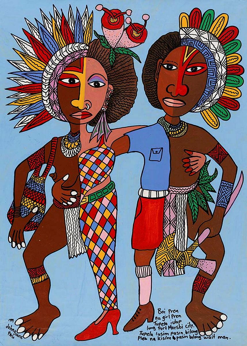 Artwork Boi pren na girl Pren Tupela I stap long Port Morsbi city. Tupela lusim pasin bilong ples na kisim pasin bilong wait man (Boyfriend and girlfriend live in Port Moresby city. They leave traditional ways behind and take on whiteman style) this artwork made of Synthetic polymer paint on yellow medium weight cardboard, created in 1999-01-01