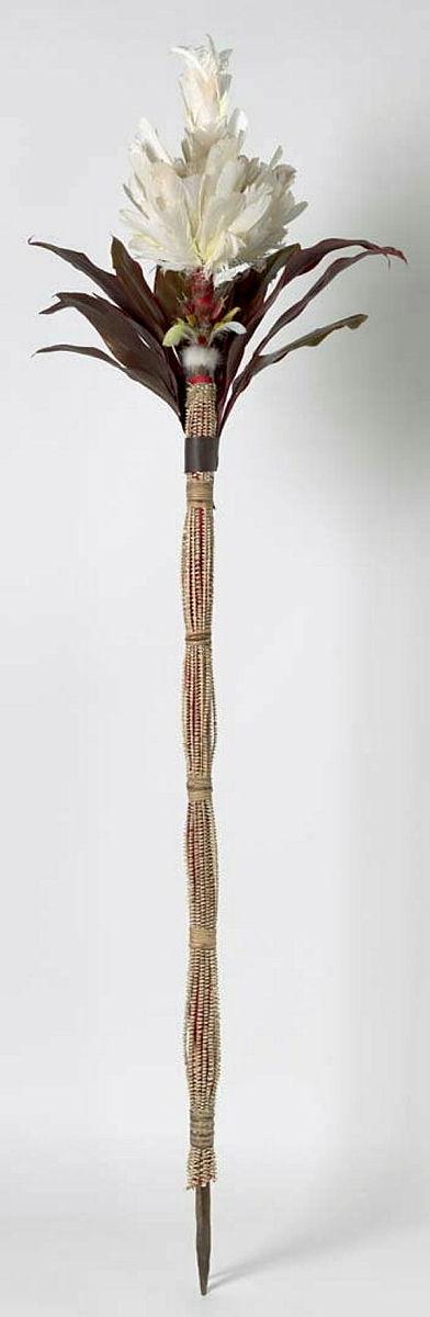 Artwork Rumu (ceremonial spear) this artwork made of Timber, natural fibres and feathers, created in 2018-01-01