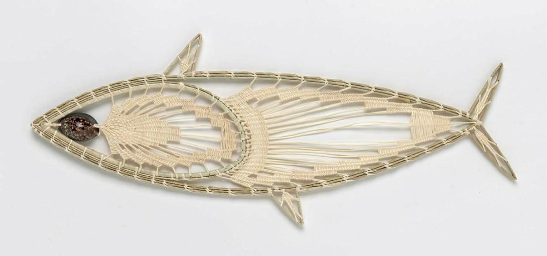 Artwork Ek (fish) this artwork made of Teneriffe needlework: coconut fibre and rib, pandanus leaf and shells, created in 2019-01-01