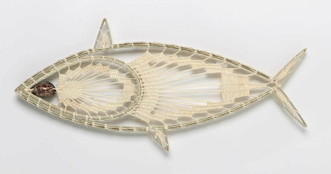 Artwork Ek (fish) this artwork made of Teneriffe needlework: coconut fibre and rib, pandanus leaf and shells, created in 2019-01-01