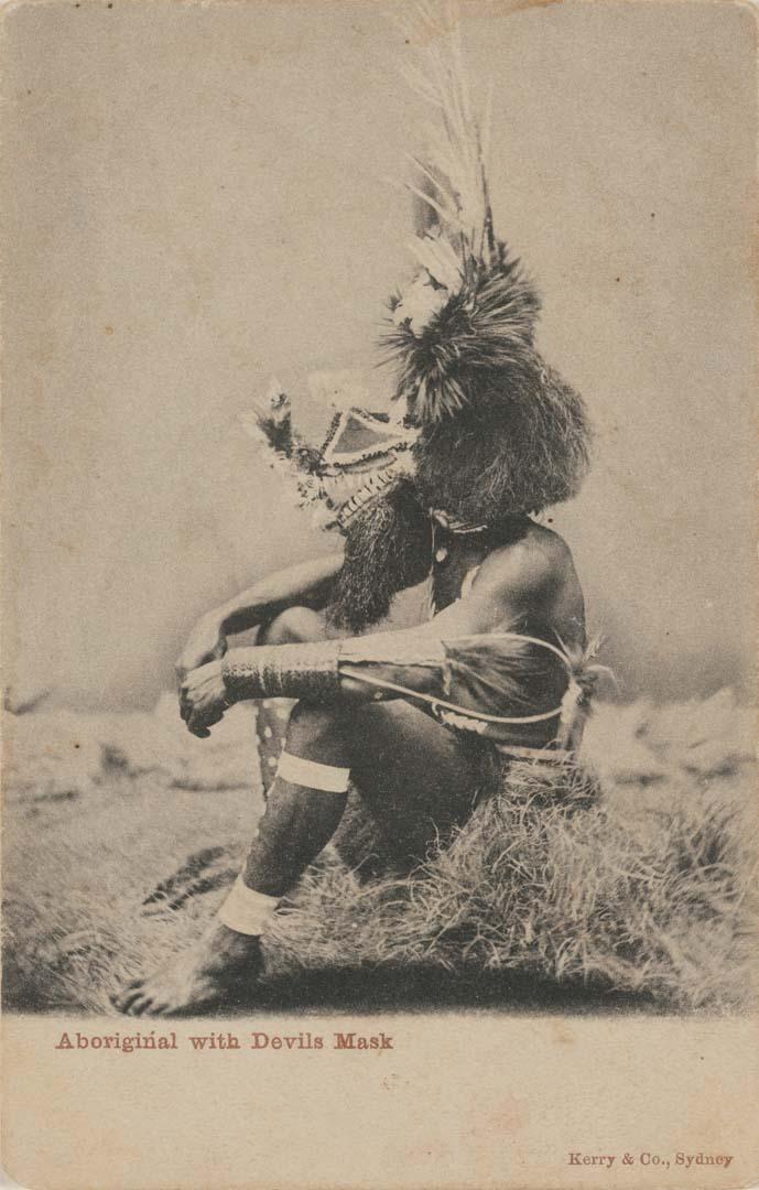 Artwork Aboriginal with Devil's Mask this artwork made of Postcard: Black and white photographic print