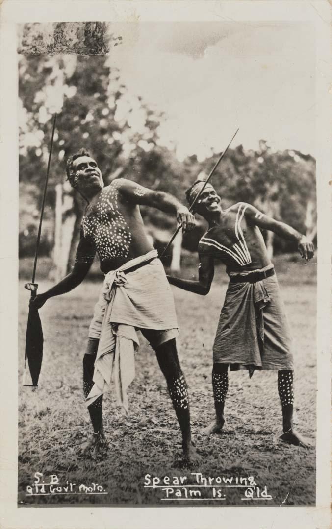 Artwork Spear throwing Palm Is. Qld this artwork made of (5.B, Qld Govt Photo)
Postcard: Black and white photographic print, created in 1957-01-01