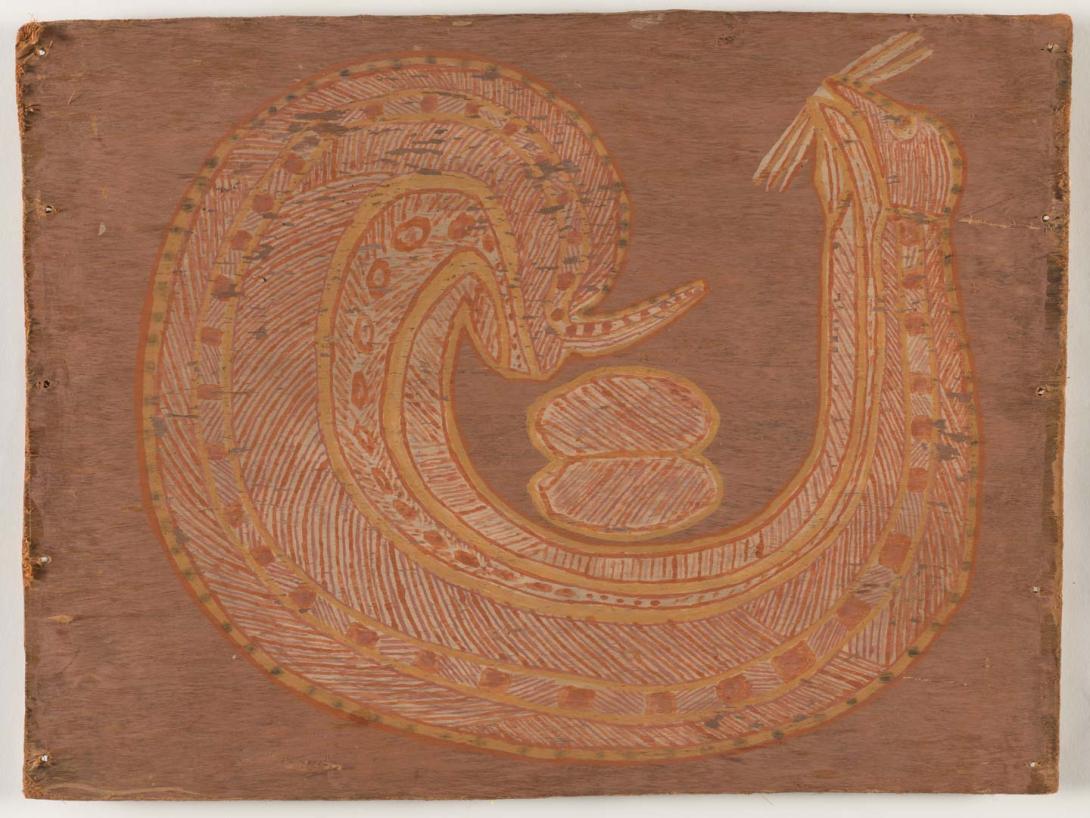 Artwork Rainbow Serpent this artwork made of Natural pigments on eucalyptus bark