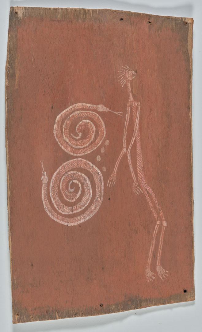 Artwork Snakes and mimih spirit this artwork made of Natural pigments on eucalyptus bark, created in 1961-01-01