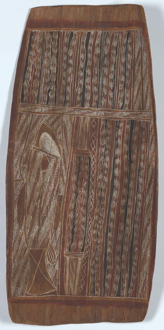 Artwork Wulagai (Wulaki), hollow log ceremony this artwork made of Natural pigments on eucalyptus bark, created in 1955-01-01