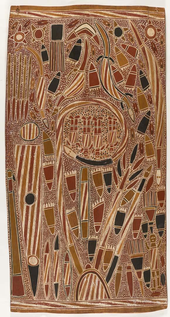 Artwork Wagilag sisters this artwork made of Natural pigments on eucalyptus bark