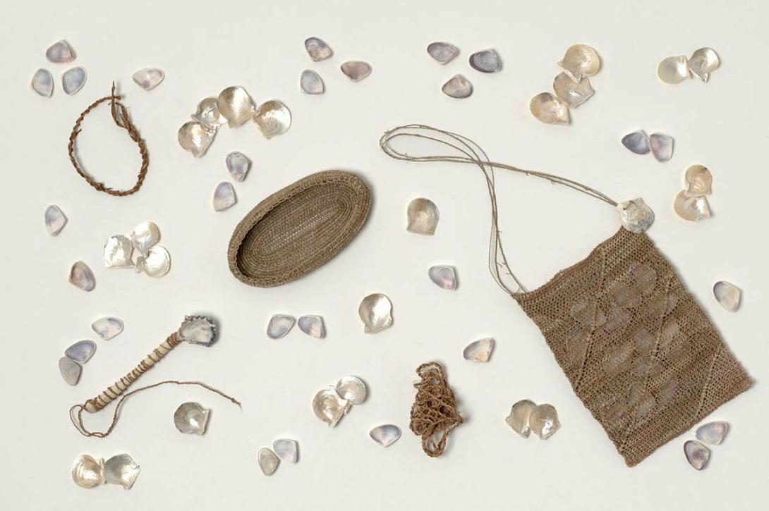 Artwork Wunjayi (Today) this artwork made of Ungaire (freshwater swamp reed), talwalpin (cotton tree: Hibiscus tiliaceus) fibres, eugarie (pipi) shells, oyster shell spoon and quampi (pearl oyster) shells, created in 2020-01-01