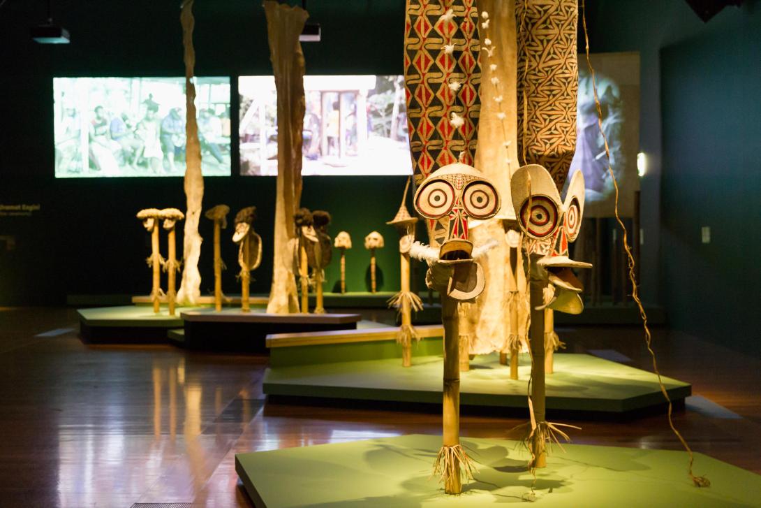 Installation review of masks from Gaulim and Wunga villages in Papua New Guinea.
