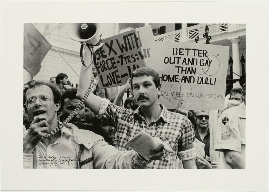 Artwork Dennis Altman and Craig Johnston at a demonstration this artwork made of Inkjet print on Ilford smooth cotton rag art paper, created in 1981-01-01