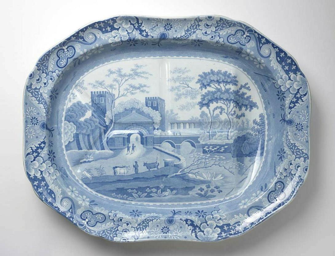 Artwork Meat platter:  Castle this artwork made of Earthenware platter moulded with draining grooves, transfer printed in light cobalt blue, created in 1806-01-01