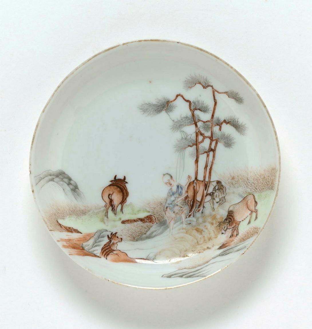 Artwork Saucer this artwork made of Hard-paste porcelain decorated in green, brown, black and blue, created in 1850-01-01