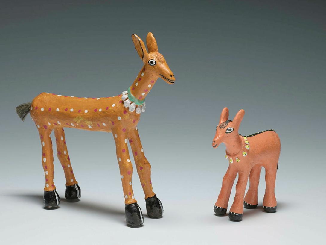 Artwork Two small deer this artwork made of Multani clay, bamboo, wood, coir, natural colour, plant fibre, created in 2015-01-01