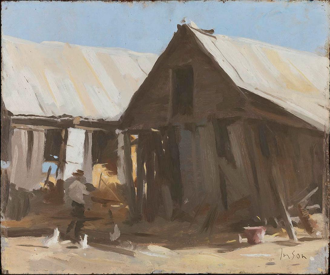 Artwork Barns this artwork made of Oil on composition board, created in 1951-01-01