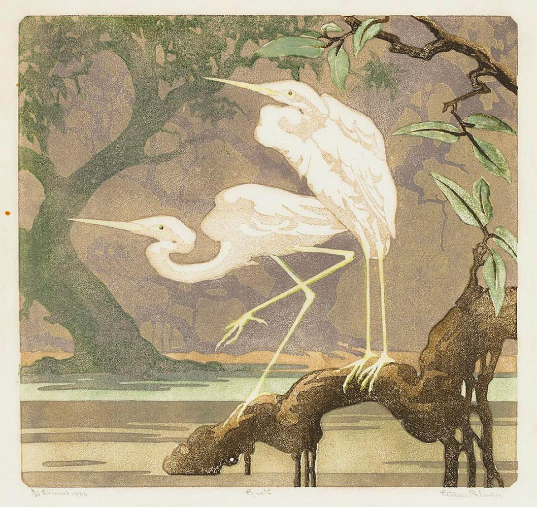 Artwork Egrets this artwork made of Colour linocut on grey wove paper, created in 1934-01-01