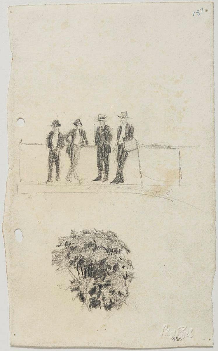 Artwork Four youths at Milton leaning on a fence; Note of a fig tree this artwork made of Pencil on paper, created in 1915-01-01