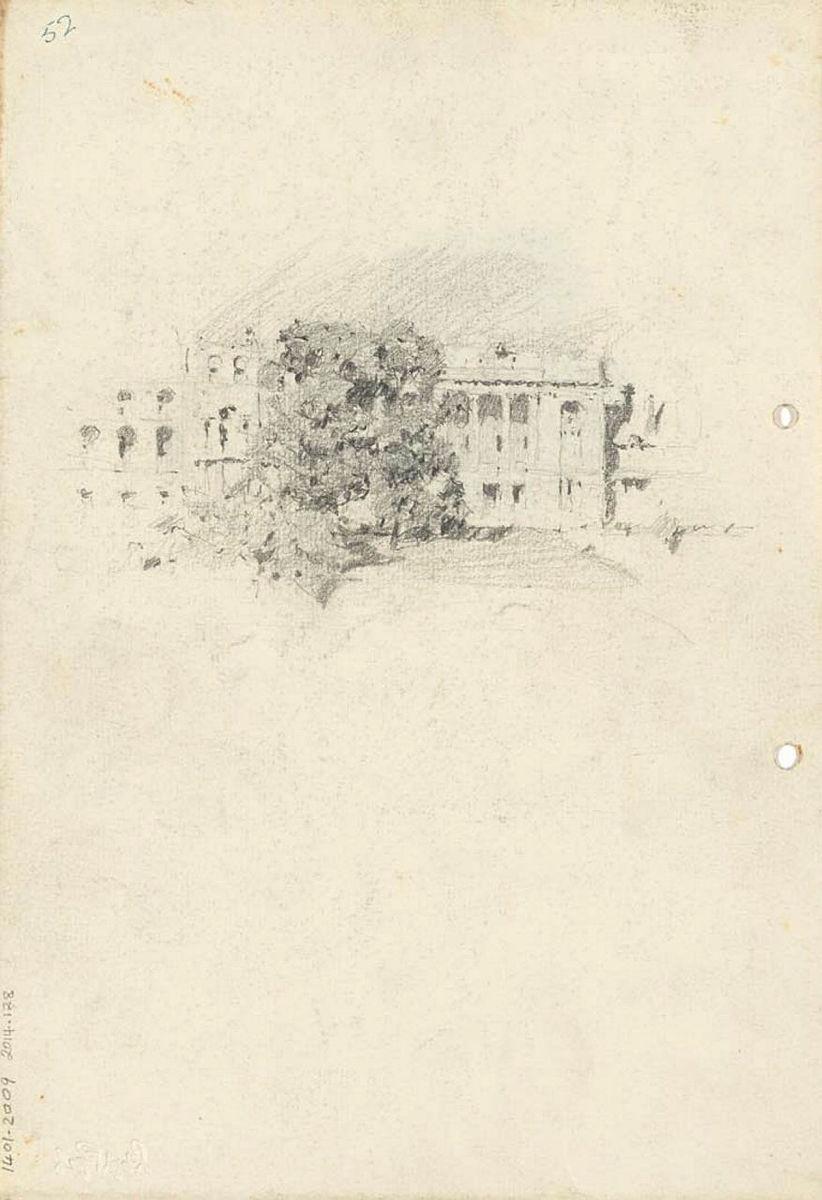 Artwork Imaginative drawing of tree with Executive Building in background this artwork made of Pencil on sketch paper, created in 1914-01-01