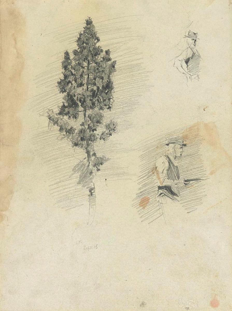 Artwork Tree; Man water divining (twice) this artwork made of Pencil on sketch paper, created in 1915-01-01