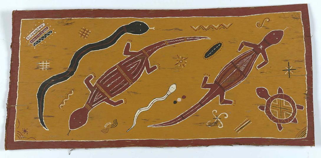 Artwork (Two lizards) this artwork made of Natural pigments on bark, created in 1960-01-01