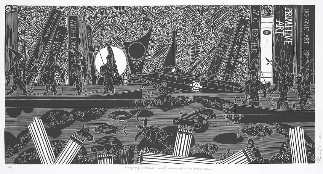 Artwork Navigating narrative - Nemo's encounter in the Torres Strait this artwork made of Linocut on BFK Rives white 300gsm paper printed in black ink (Heidelberg Black Pantone) from one block, created in 2012-01-01