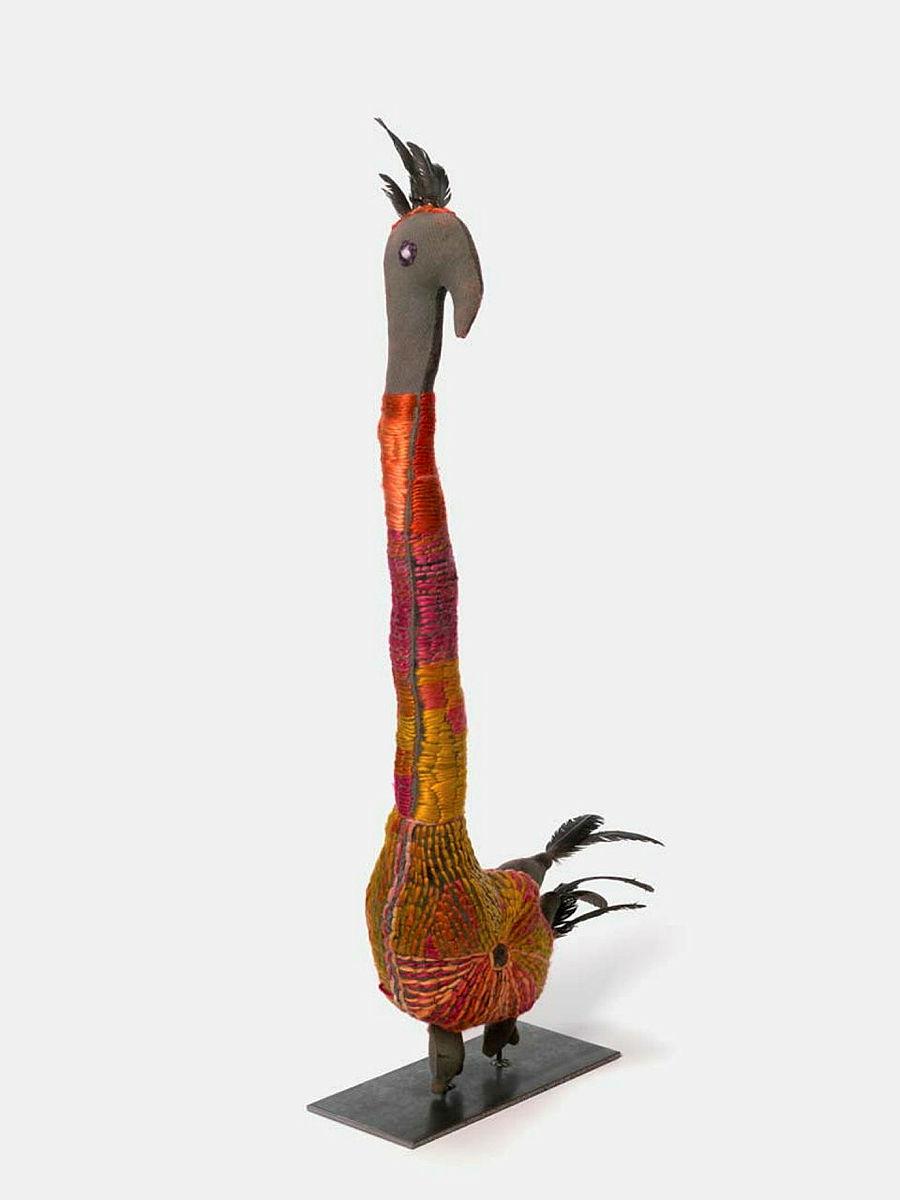 Artwork Water bird (orange) this artwork made of Recycled woollen blankets, natural dye, wool, acrylic yarn and feathers, created in 2018-01-01