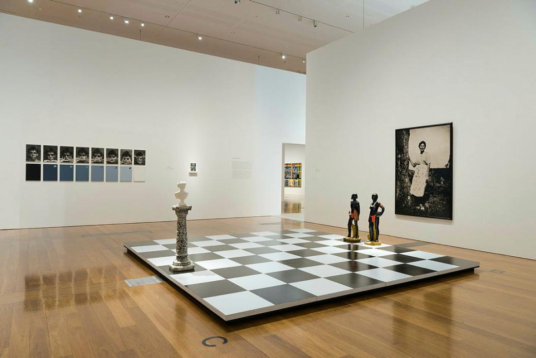 Artwork Psycho(d)rama this artwork made of Plywood with paint, vinyl, reproductions of found photographs, watercolour on paper, found plinth, found sculptures, created in 1990-01-01