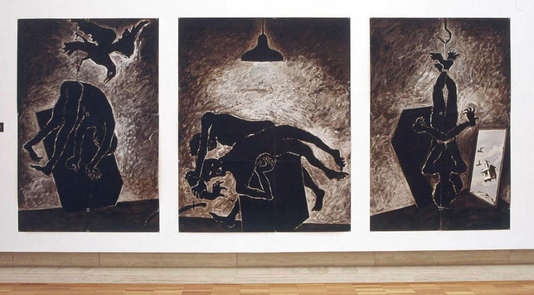 Artwork Night rituals (no. 10 from 'The mirror and other fables' series) this artwork made of Bitumen-based and aluminium-based paints on paper, created in 1984-01-01