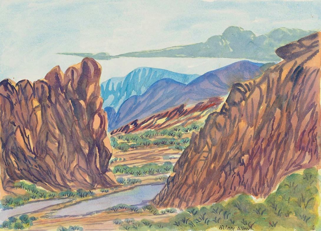 Artwork Glen Helen Gorge this artwork made of Watercolour on paper with board backing, created in 2010-01-01