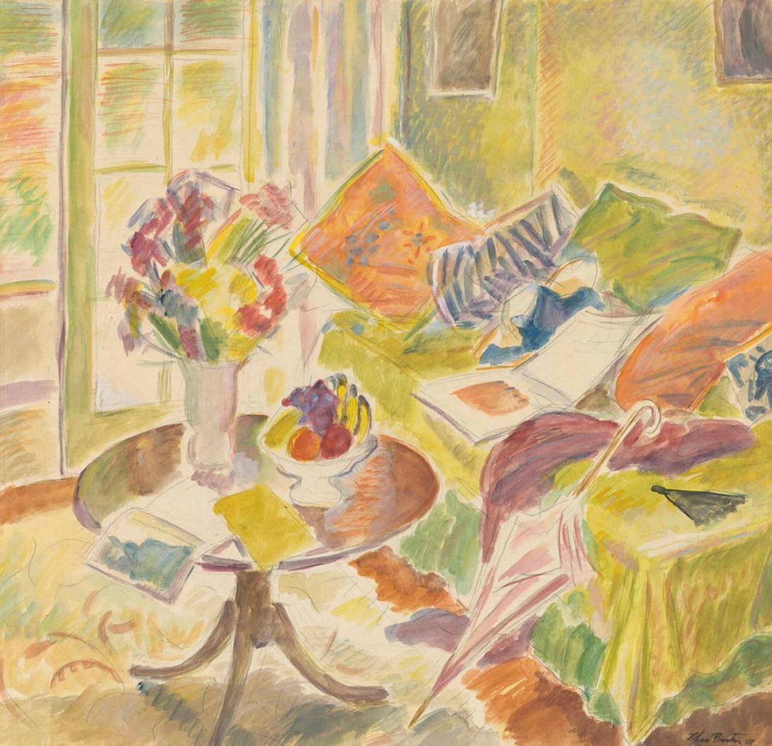 Artwork Still life and interior this artwork made of Watercolour and gouache over pencil on smooth wove paper on cardboard, created in 1959-01-01