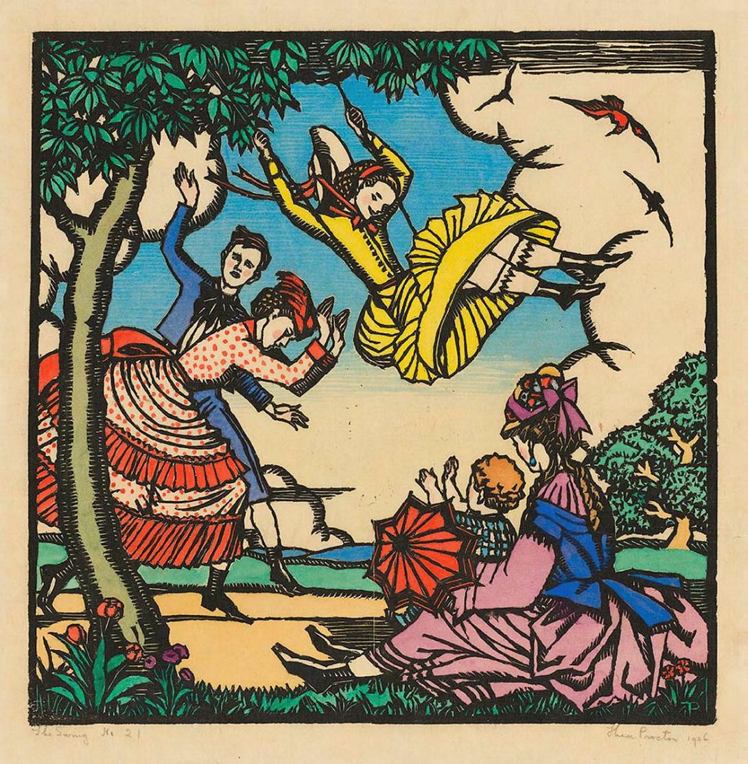 Artwork The swing this artwork made of Woodcut, hand-coloured on laid Oriental paper, created in 1925-01-01