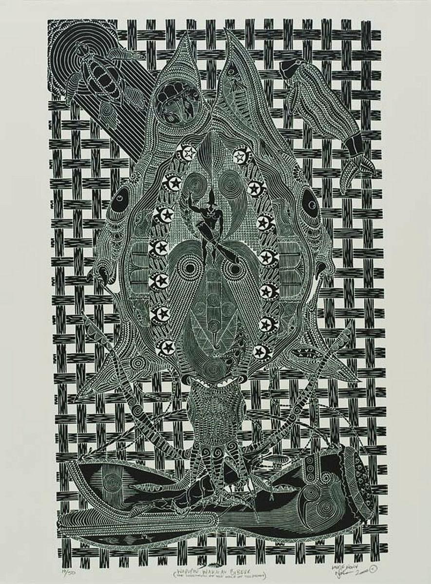 Artwork Wapupau wakaiau biberr (The strength of the voice of the drum) this artwork made of Linocut on Arches paper, created in 2000-01-01