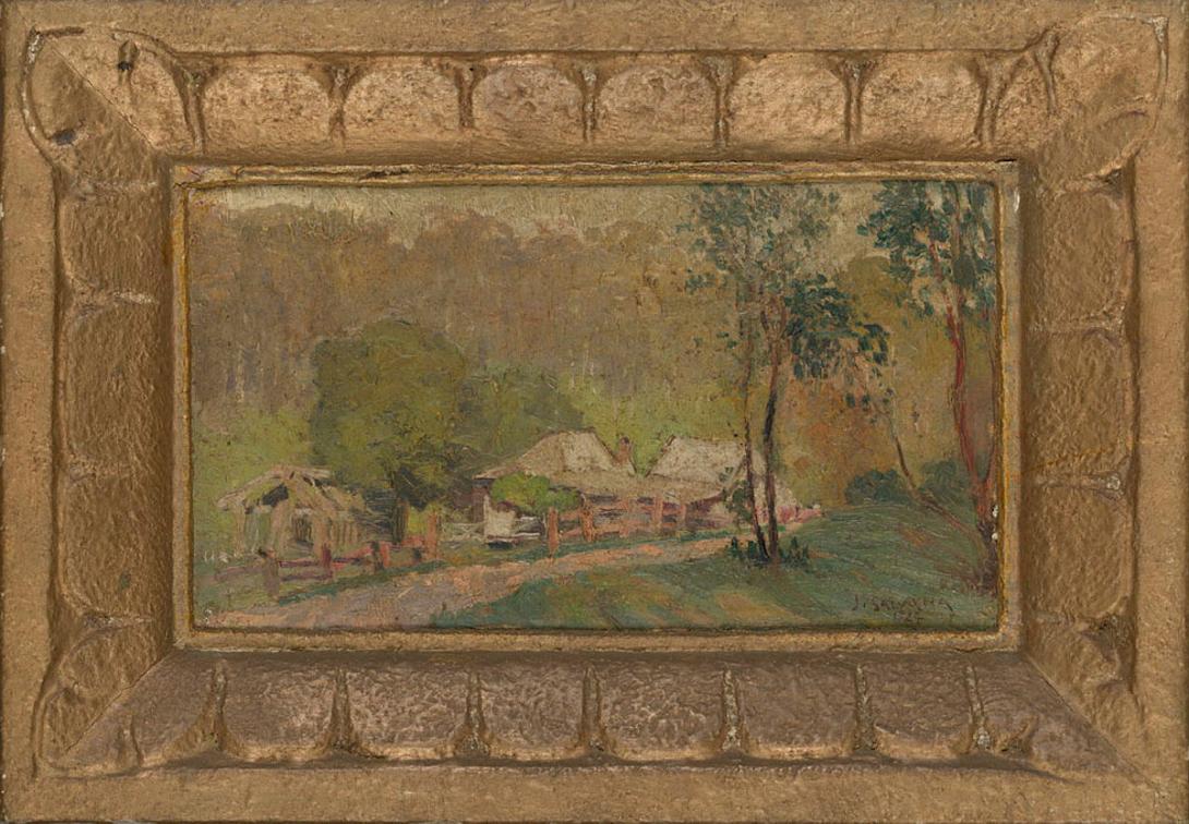 Artwork Bush scene with homestead this artwork made of Oil on composition board (in LJ Harvey frame), created in 1930-01-01