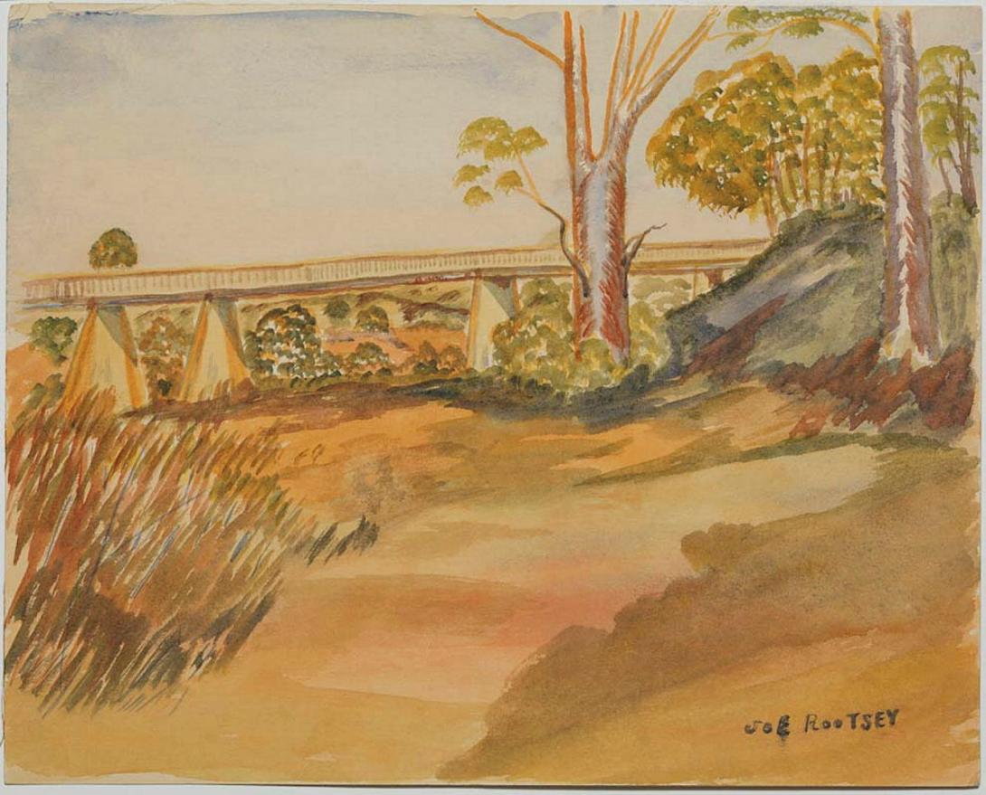 Artwork McLean Bridge on the way to Mt Tamborine this artwork made of Watercolour on paper, created in 1958-01-01